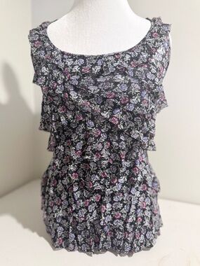 Express Black Floral Ruffle Tank with Pink & Purple Accents